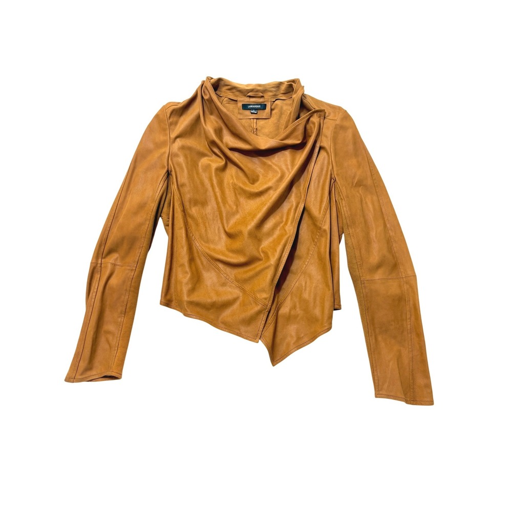 Lamarque Madison Suede Brown Leather Drape Front Asymmetrical Moto Jacket Size L